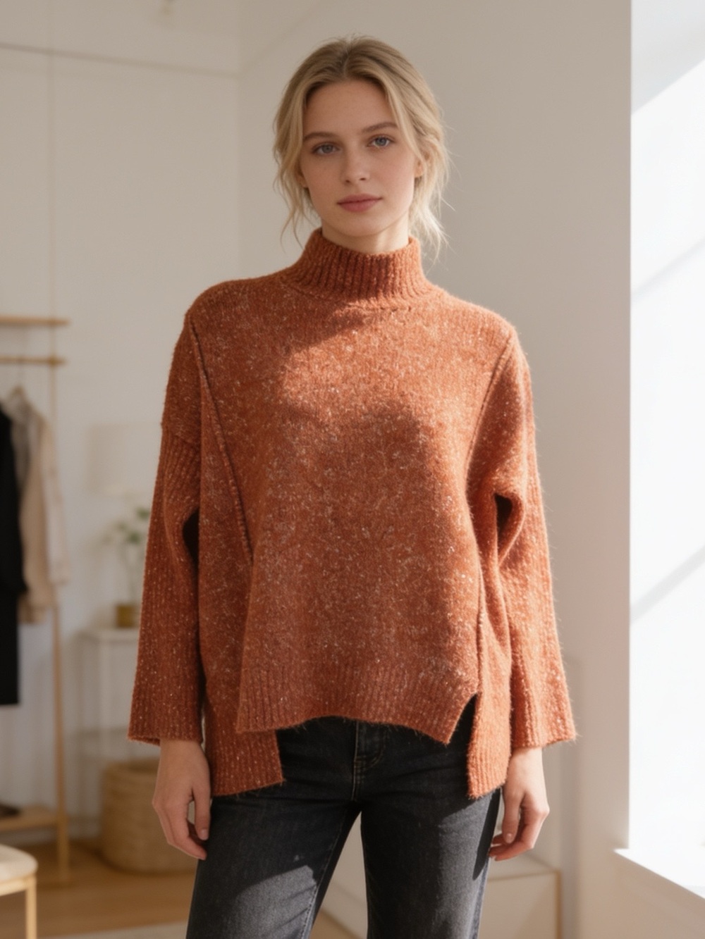 John + Jenn Mock Neck Bouclé Sweater XS Brown Oversized High Low Tunic Knit